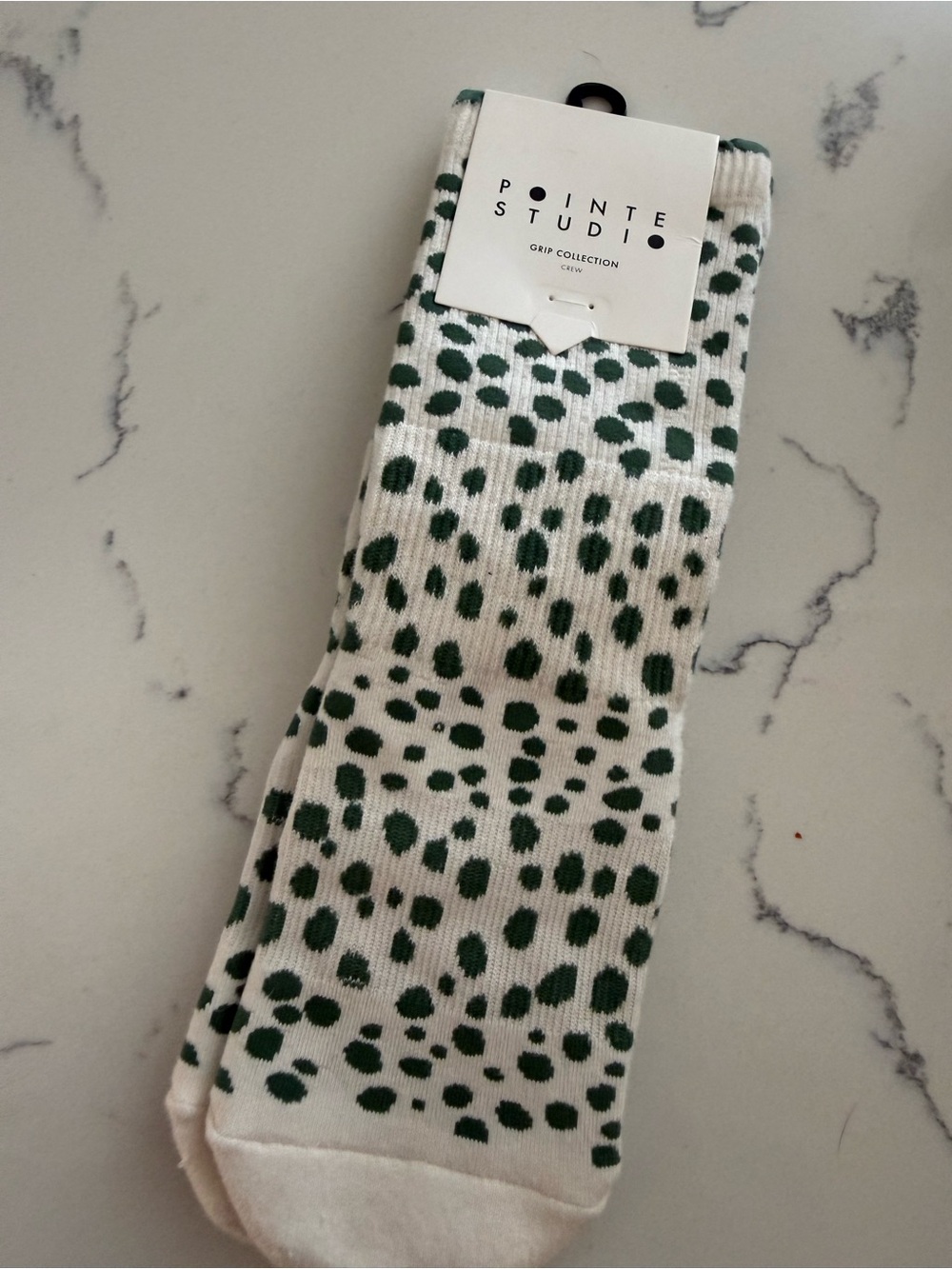 Point Studio Women's White Crew Socks with Green Dot Pattern